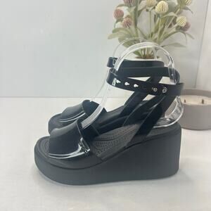 Crocs Brooklyn Woven Ankle Strap Wedge Platform Sandal Black Women 4 Tried On